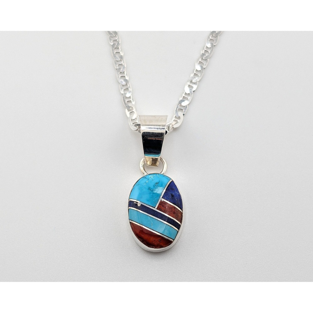 Zuni‎ Inlay Pendant Necklace 22" Link Chain Native Artisanal Handmade Jewelry **